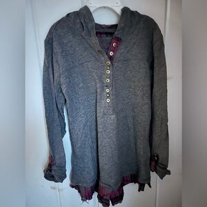 Mudd Gray Button-Up Hoodie with Pink Plaid Accents